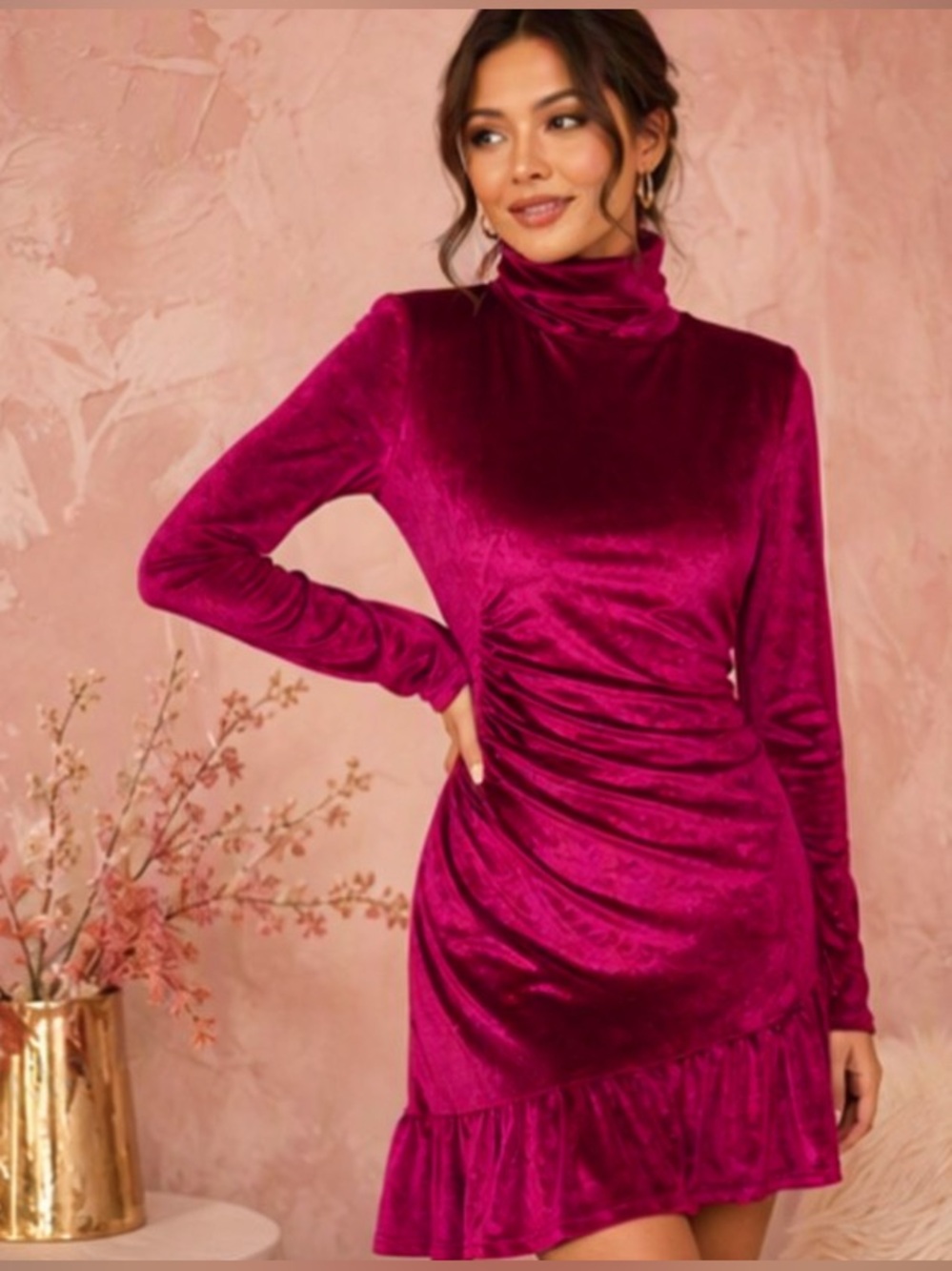 🎀🌷 Red Velvet Ruched Ruffle Mini Dress 🌷🎀 NWT - Picture 2 of 10